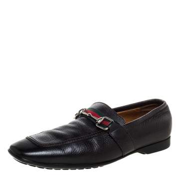 Pre Owned Gucci Black Leather Horsebit Web Detail Slip On Loafers Size 43