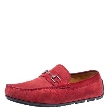 Pre Owned Gucci Maroon Suede Leather Horsebit Slip On Loafers Size 43.5