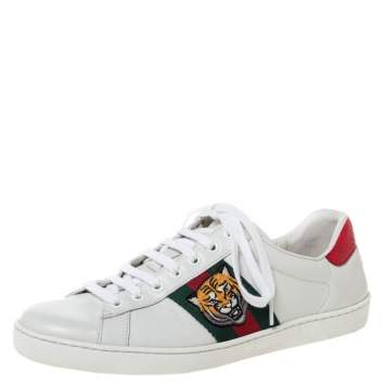 Pre Owned Gucci White Leather Ace Embroidered Tiger Low Top Sneakers Size 42