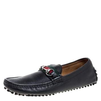 Pre Owned Gucci Black Leather Horsebit Web Detail Driver Loafers Size 41.5