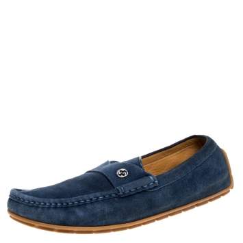 Pre Owned Gucci Blue Suede Interlocking GG Driving Moccasins Size 44