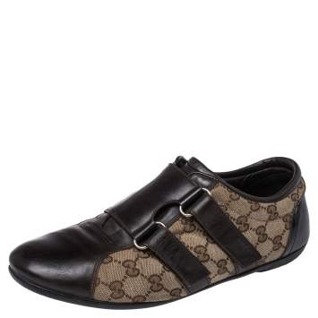 Pre Owned Gucci Guccissima Beige/Brown Canvas and Leather Velcro Sneakers Size 43
