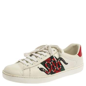 Pre Owned Gucci White Leather Ace Embroidered Snake Low Top Sneakers Size 41.5