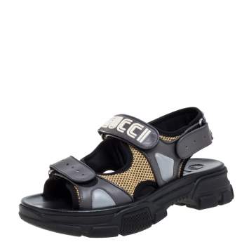 Pre Owned Gucci Grey Leather and Mesh Logo Sandals Size 41