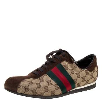 Pre Owned Gucci Beige/Brown GG Canvas And Suede Leather Web Detail Low Top Sneakers Size 42.5