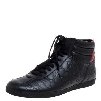 Pre Owned Gucci Black/Red Guccissima Leather High-Top Sneakers Size 41