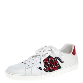 Pre Owned Gucci White Leather Ace Embroidered Snake Low Top Sneakers Size 44.5