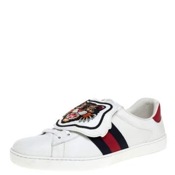 Pre Owned Gucci White Leather, Python Trim And Web Detail Lion Patch Ace Low Top Sneakers Size 44.5