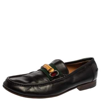 Pre Owned Gucci Black Leather Bamboo Horsebit Web Slip On Loafers Size 42