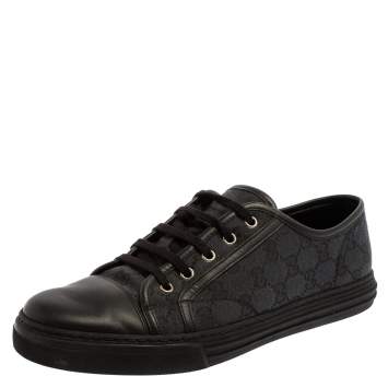Pre Owned Gucci Blue/Black GG Canvas And Leather Cap Toe Low Top Sneakers Size 42