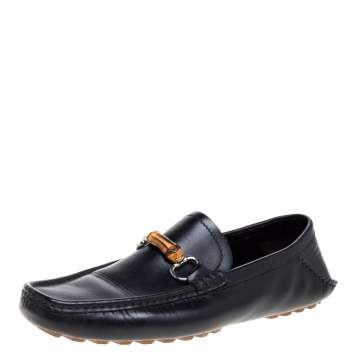 Pre Owned Gucci Black Leather Bamboo Horsebit Loafers Size 42.5