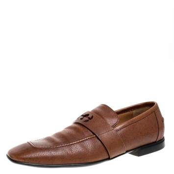 Pre Owned Gucci Brown Leather GG Logo Loafer Size 44