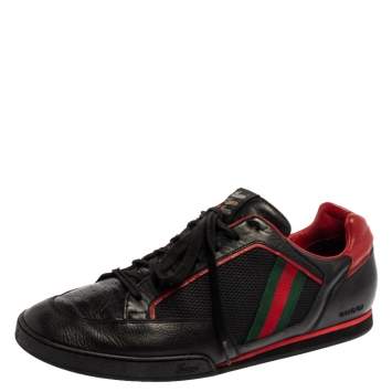 Pre Owned  Gucci Black /Red  Leather And Mesh Vintage Web Tennis Sneakers Size 44.5 