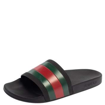 Pre Owned Gucci Black Rubber Web Detail Flat Slides Size 43