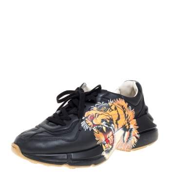 Pre Owned Gucci Black Leather Tiger Rhyton Low Top Sneakers Size 39