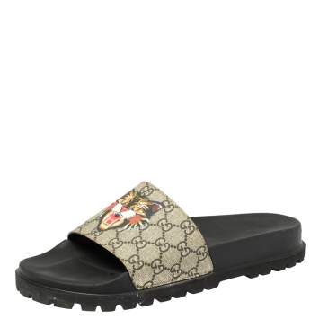Pre Owned Gucci Beige Coated Canvas GG Supreme Angry Cat Slide Sandals Size 45