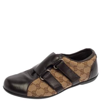 Pre Owned Gucci Brown/Beige GG Canvas And Leather Dragon Low Top Sneakers Size 41.5