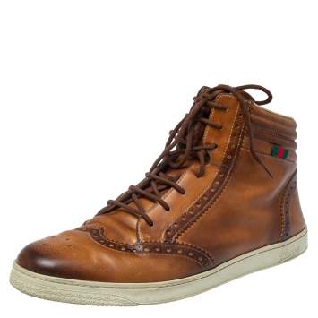 Pre Owned Gucci Brown Leather Coda Brogue Hightop Sneakers Size 44.5