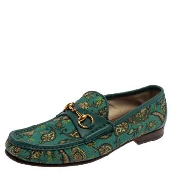 Pre Owned Gucci Green Canvas And Leather Paisley Horsebit Loafers Size 43