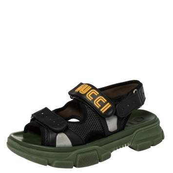 Pre Owned Gucci Black Leather And Mesh Sega Sandals Size 43