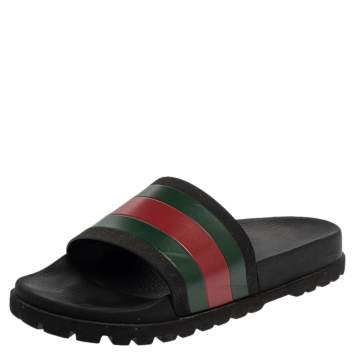 Pre Owned Gucci Black Rubber Web Detail Flat Slides Size 40