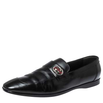 Pre Owned Gucci Black Glossy Leather GG Loafers Size 44