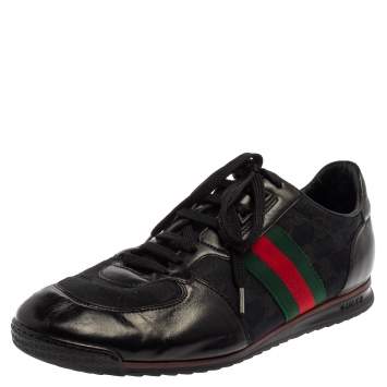 Pre Owned Gucci Black Leather And Canvas Web Detail Lace Up Sneakers Size 43.5