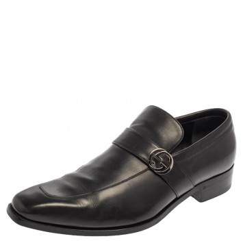 Pre Owned Gucci Black Leather GG Slip On Loafers Size 43