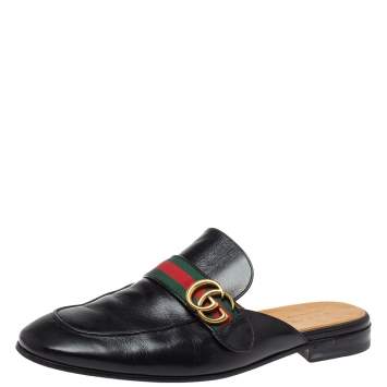 Pre Owned Gucci Black Leather Princetown GG Web Mules Size 45