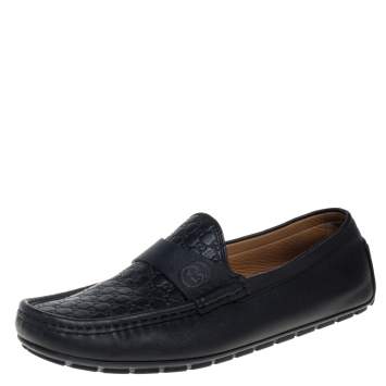 Pre Owned Gucci Black Microguccissima Leather GG Loafers Size 42.5