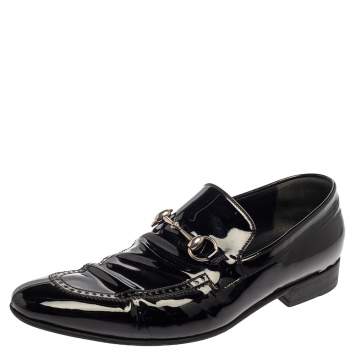 Gucci Black Patent Leather Horsebit Slip On Loafers Size 42