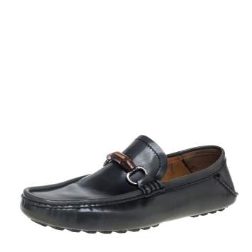 Pre Owned Gucci Grey Leather Bamboo Horsebit Slip On Loafers Size 43