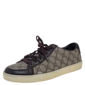 Pre Owned Gucci Dark Brown/Beige GG Supreme And Leather Sneakers Size 42
