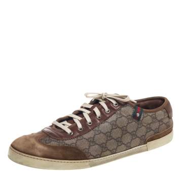 Pre Owned Gucci Brown/Beige GG Supreme Canvas And Suede Leather Low Top Sneakers Size 46