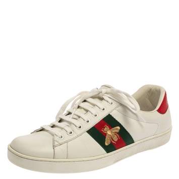 Pre Owned Gucci White Leather  Ace Bee Lace Up Low Top Sneakers Size 42.5