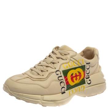 Pre Owned Gucci Off White Leather Rhyton GG Square Logo Low Top Sneakers Size 41.5