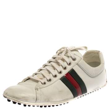 Pre Owned Gucci White Leather Lace Up Low Top Web Sneakers Size 43