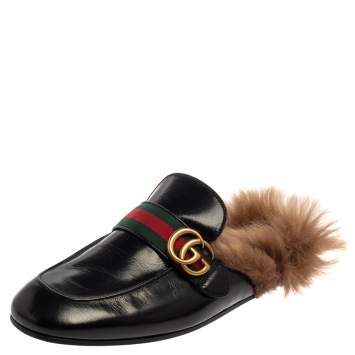 Pre Owned Gucci Black Leather And Fur Lined GG Web Princetown Mules Size 43