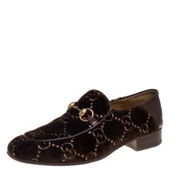 Pre Owned Gucci Brown GG Velvet And Leather Jordaan Horsebit Loafers Size 40.5