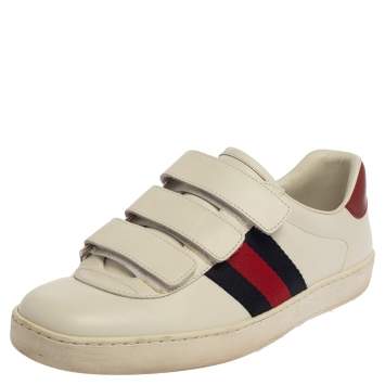 Pre Owned Gucci White Leather Ace Web Velcro Strap Low Top Sneakers Size 41