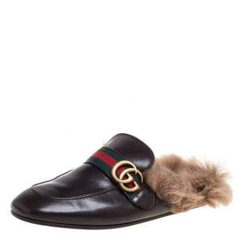 Pre Owned Gucci Brown Leather And Fur Lined GG Web Princetown Mules Size 41