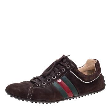 Pre Owned Gucci Brown Suede Web Low Top Sneakers Size 44