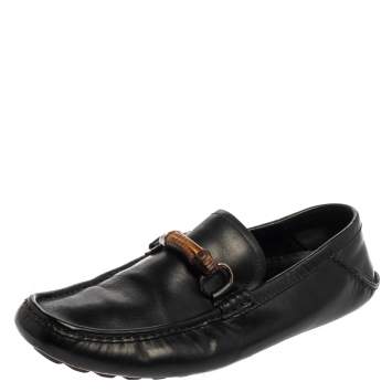 Pre Owned Gucci Black Leather Bamboo Horsebit Slip On Loafers Size 43.5