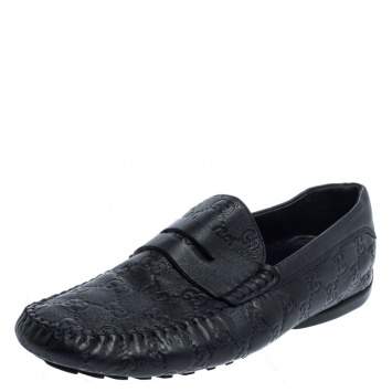 Pre Owned Gucci Navy Blue Guccissima Leather Penny Slip On Loafers Size 43.5
