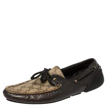 Pre Owned Gucci Beige/Brown Coated Canvas And Leather Toggle Cord Loafers Size 44.5