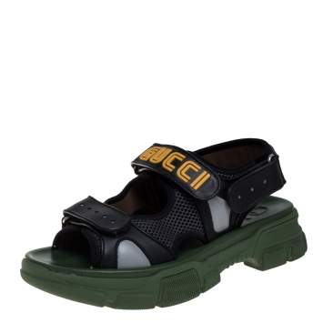 Pre Owned Gucci Black Leather And Mesh Sega Sandals Size 41