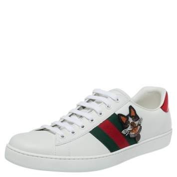 Pre Owned Gucci White Leather Dog New Ace Low Top Sneakers Size 44