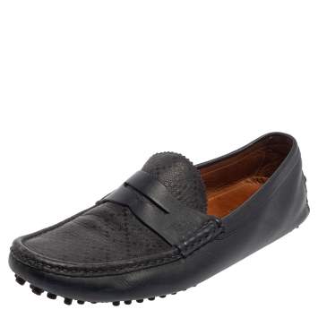 Pre Owned Gucci Blue Diamante Leather Penny Slip On Loafers Size 44