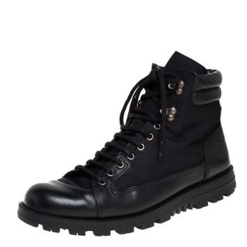 Pre Owned Gucci Black Leather and Nylon Combat Boots Size 43