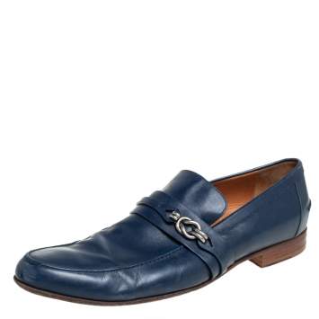 Pre Owned Gucci Blue Leather Metal Detail Loafers Size 45